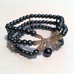 Blue Faux Pearl and Rhinestone Bow Set